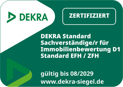 DEKRA Zertifizierungssiegel, Standard Sachverständige/r für Immobilienbewertung D1, Standard EFH/ZFH, gültig bis 08/2029